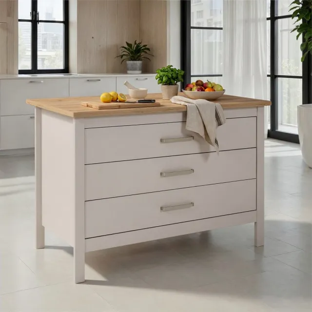 Interlink SAS Interlink - kookeiland Piazza cachemire-warm wit en eik met 3 laden - 124x75cm cachemire wit