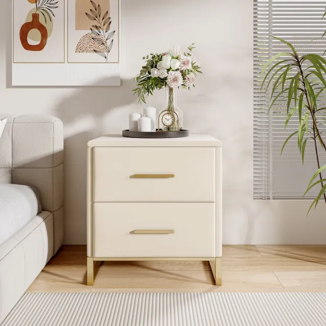 ROSAHQNDA Nachtkastje met 2 lades, set van 2, 40x40x50cm metalen tafelpoten, ladekast, smalle kast, ladekast, slaapkamer, moderne, simplicistische stijl voor slaapkamer, kinderkamer, woonkamer, wit Beige