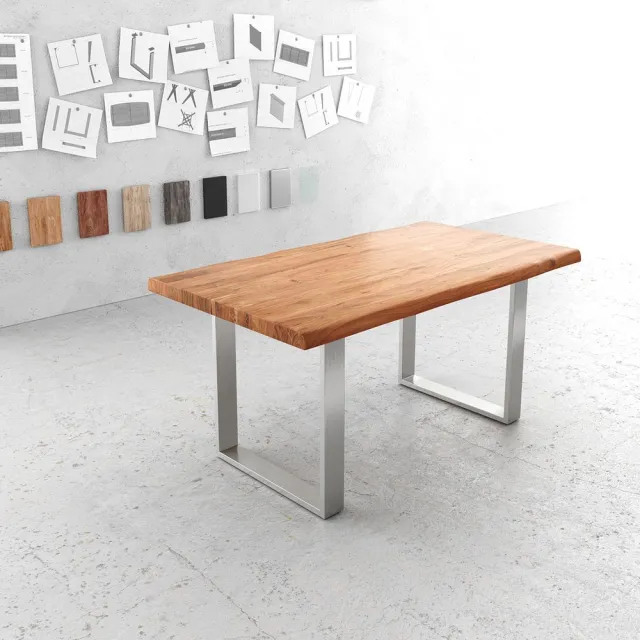 DELIFE Eettafel Edge acacia natuur 160x90 XL edelstaal smal Live-Edge Bruin