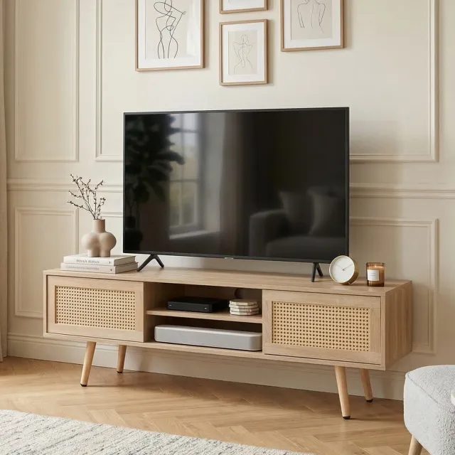 CHICFURN TV-kast 140 cm - Opbergruimte - Schuifdeuren - MDF - Naturel Natuurlijk hout