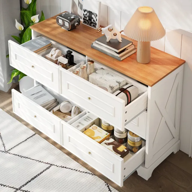HAUSS SPOLE Dressoir - Landhuisstijl Met 6 Lades En Scheunenpatroon Voor Woonkamer En Eetkamer - MDF Spaanplaat - 120x40x76 cm - Wit En Natuurlijk Hout - Gouden Grepen