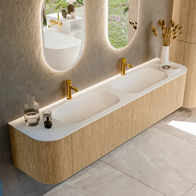 Mondiaz KURVE 200 cm Onderkast Greeploos 2 Lades Met Deuren Oak, Wastafel Solid Surface Dubbel Talc 2 Kraangaten Zonder Spiegel (KRVBGS200L+R2L2D2KD-Oak/Tal)