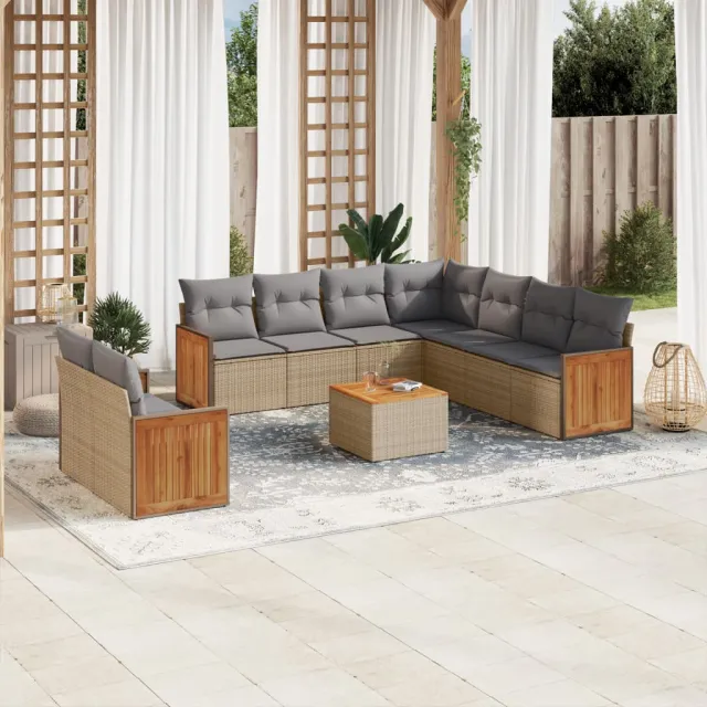vidaXL 10-delige Loungeset met kussens poly rattan beige, foto 2