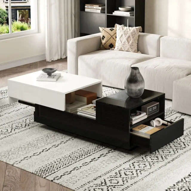 MIVRAY Salontafel - Hoogglans Met 2 Laden En Uitschuifbaar Blad - Voor Woonkamer - Spaanplaat Zwart Wit - 100x50x38 Cm