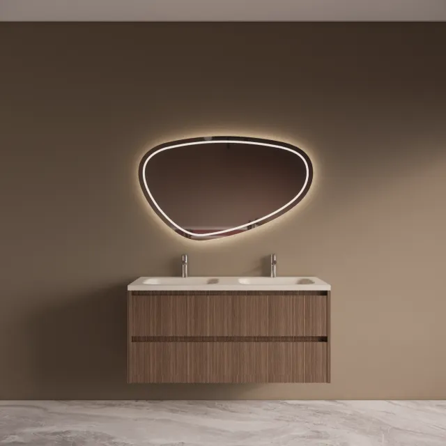 Boss & Wessing BWS Riga Donker Eiken Japandi Badmeubelset Met Wastafel 120 cm Travertin Sintered Stone Keramisch