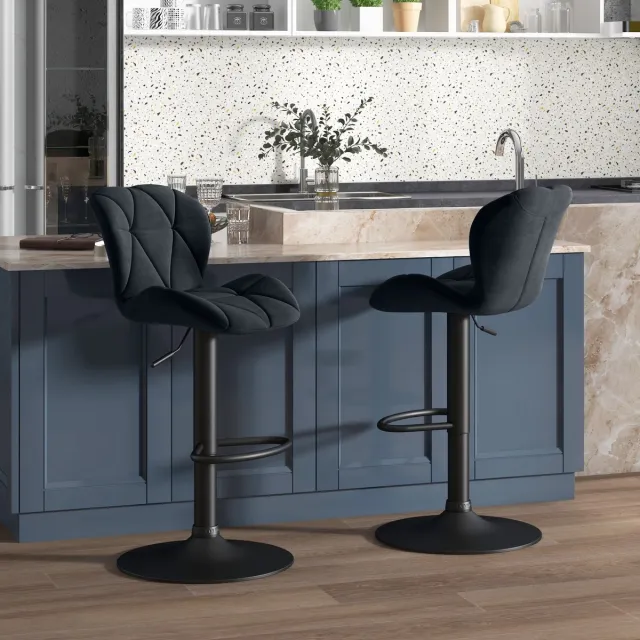 Wishdor Set Van 2 Barkrukken - Draaibare Zitting - Rugleuning En Verstelbare Hoogte - Modern Armloos Ontwerp Voor Keuken En Bar - Polyester Met Metalen Voet - Zwart - 51,5 X 57,5 X 93-114,5 Cm