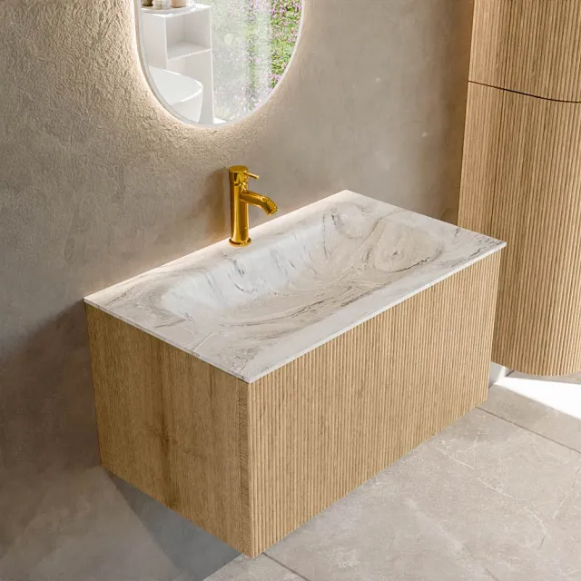 Mondiaz KURVE-DLUX 80 cm Onderkast Greeploos 1 Lade Zonder Deuren Oak, Wastafel Solid Surface Volledig Glace 1 Kraangat Zonder Spiegel (KRVBGS801L0D1KM-Oak/Gla)
