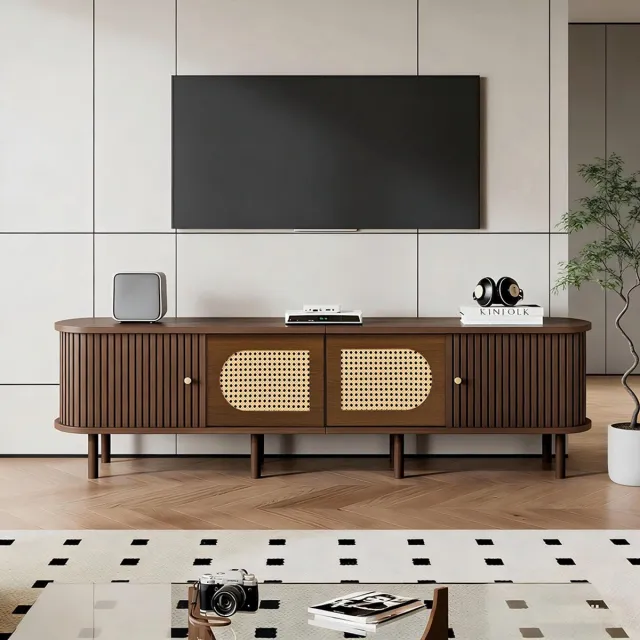 KOMHTOM BLACKCOLORS Ovaal tv-meubel 180*40*40 cm in donker notenhout, rotan design, twee deuren, twee schuifdeuren, tv-meubel, laag meubel, woonkamermeubel, MDF, geschikt voor tv's tot 80 inch Donkere eik