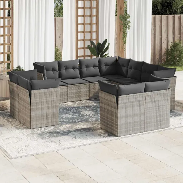 vidaXL 11-delige Loungeset met kussens poly rattan lichtgrijs grijs, foto 2