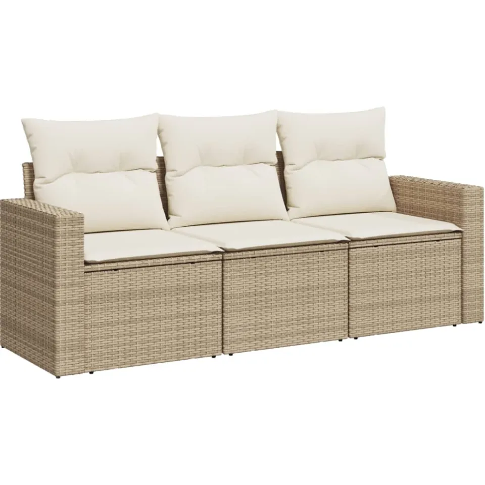 vidaXL 3-delige Loungeset met kussens poly rattan beige, foto 3