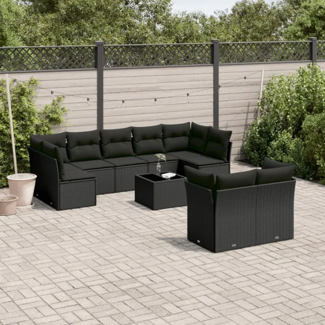 vidaXL 10-delige Loungeset met kussens poly rattan zwart, foto 2
