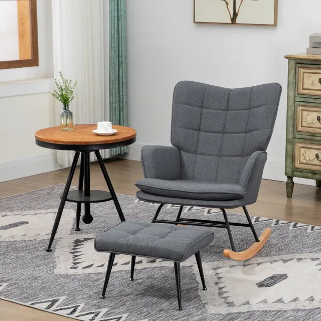 MEUNIQ Schommelstoel met hocker 64 x 89 x 90 cm, fauteuil met armleuningen en hoge rugleuning, polyester bekleding, voor woonkamer of slaapkamer, grijs