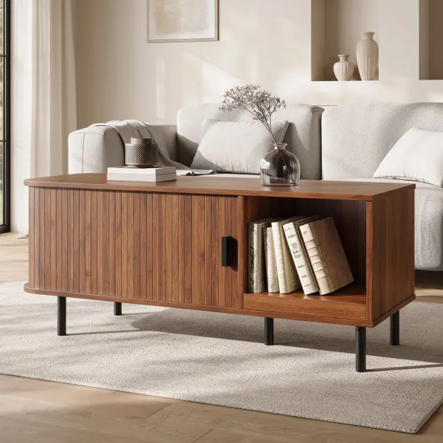 MODFU Salontafel - Schuifdeur Met Opbergruimte - Lamellenfront - MDF - Walnootkleur