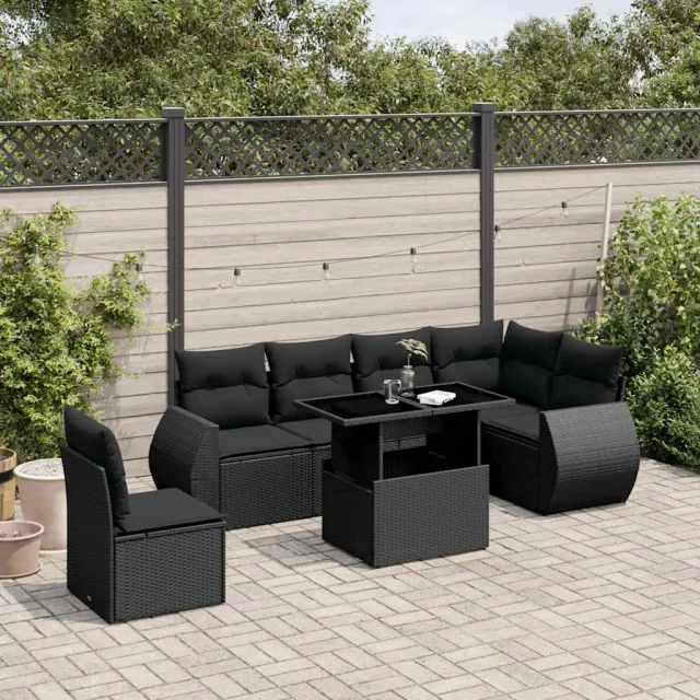 vidaXL 7-delige Loungeset met kussens poly rattan zwart, foto 2