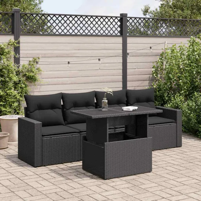 vidaXL 5-delige Loungeset met kussens poly rattan zwart, foto 2