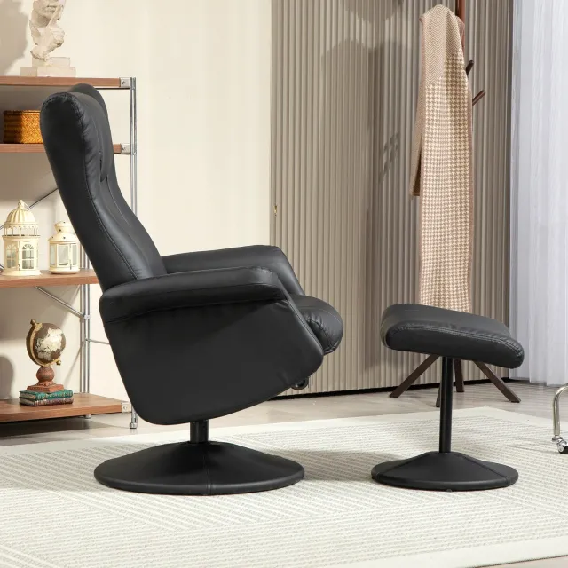 HAUSS SPOLE Relaxfauteuil Met Hocker - 360 Graden Draaibaar en Handmatig Verstelbare Rugleuning - Voor Woonkamer - Kunstleer - Zwart