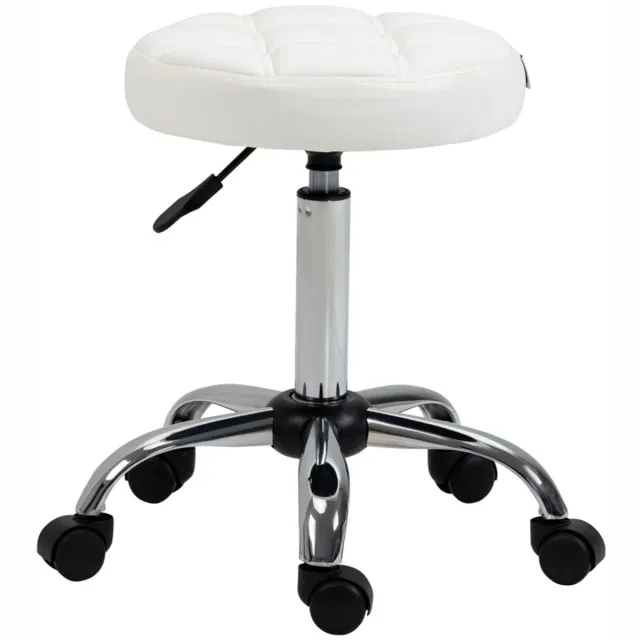 Merax Rollhocker Wit - In Hoogte Verstelbaar 51-67 cm - Draaibaar 360° - Met Wielen - Kunstleder - Ø35 5 cm - Werkkruk Voor Salon Kantoor Keuken