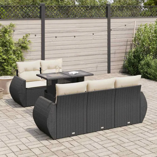 vidaXL 6-delige Loungeset met kussens poly rattan zwart, foto 2