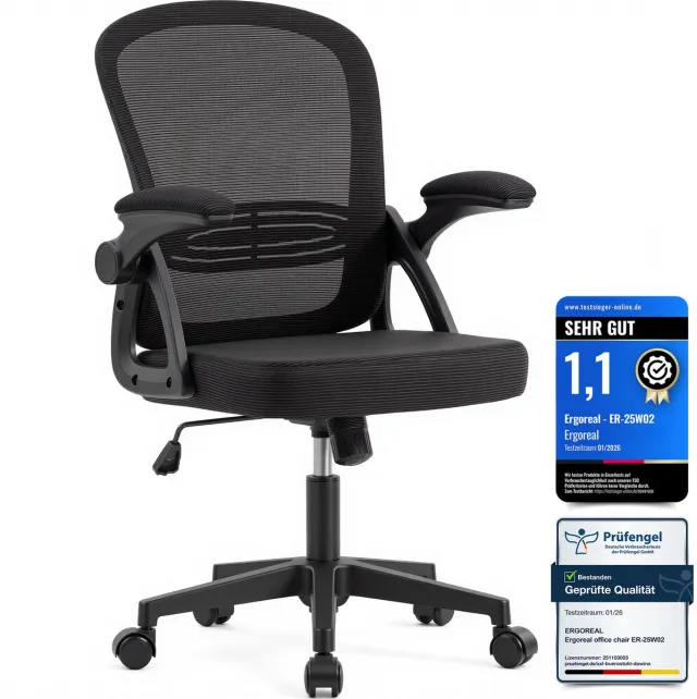 Ergoreal Bureaustoel - Ergonomische Stoel - Fauteuil met 90° opklapbare armleuning - In hoogte verstelbaar - Zwart