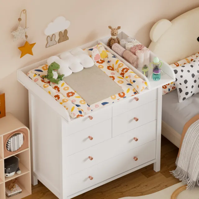 PEALOV Universele wiegopzet van hout-Met scheidingsvak-Verstelbaar voor commodes van 47–59 cm-108 x 80 x 9,5 cm-Wit