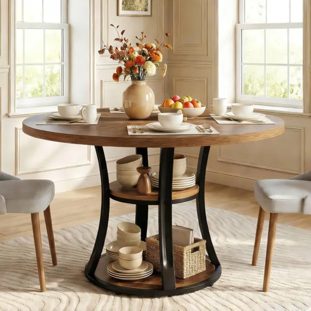 Little Trees LITTLE TREE Ronde Eettafel Voor 4 Personen - 100 x 100 x 75 cm - Keukentafel Met Tweelaags Opbergrek - Ruimtebesparende Kolomtafel - Landelijke Stijl - Voor Eetkamer En Kleine Ruimtes - Bruinzwart