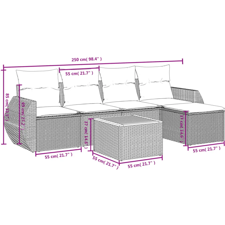 vidaXL 6-delige Loungeset met kussens poly rattan grijs, foto 3