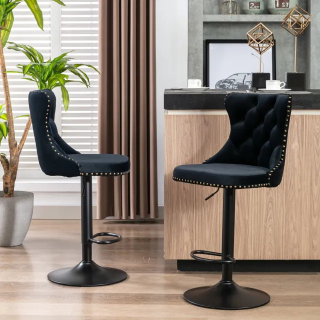 intebiki 360° draaibare barkruk - barkrukken Set van 2 - Fluweel - In hoogte verstelbaar - barstoel - 63.5 tot 84 cm - chromen onderstel - Zwart