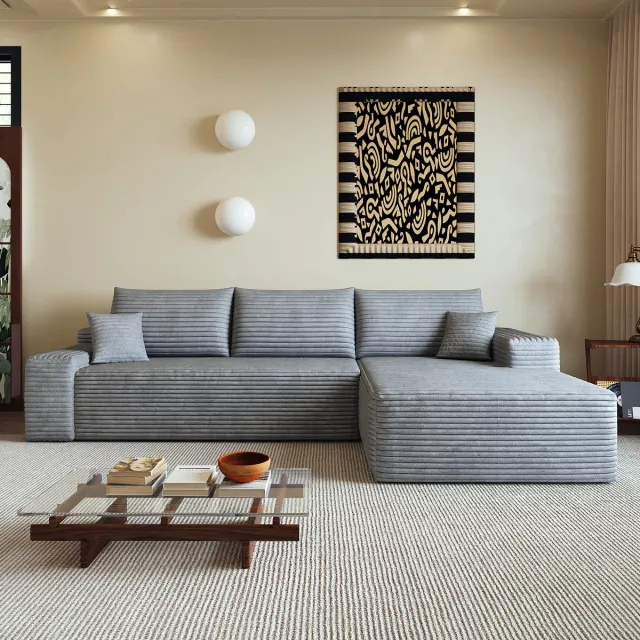 COVREO Hoekbank met chaise longue rechts – 270x175x83 cm – 3-zits zitbank van corduroy stof – voor woonkamer en appartement – Grijs