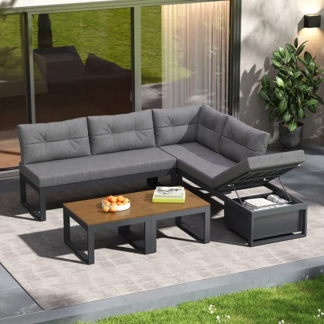 HAUSS SPOLE Loungeset Voor Buiten - Modulaire Hoekbank Met 3 Standen Verstelling En Opbergruimte - Voor Terras Balkon En Tuin - Polyester Grijs