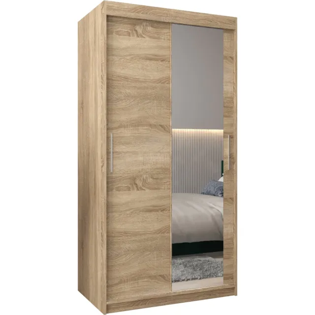InspireME Kledingkast met 2 schuifdeuren, Modern-stijl, Kledingkast met planken (BxHxD): 100x200x62 - TORM II 100 Sonoma Eik met 2 lades