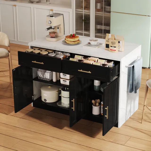 Wishdor Keukeneiland - Met Barblad En Stopcontacten - Marmerlook - Voor Keuken - MDF - Zwart - 120 X 60 X 91 Cm
