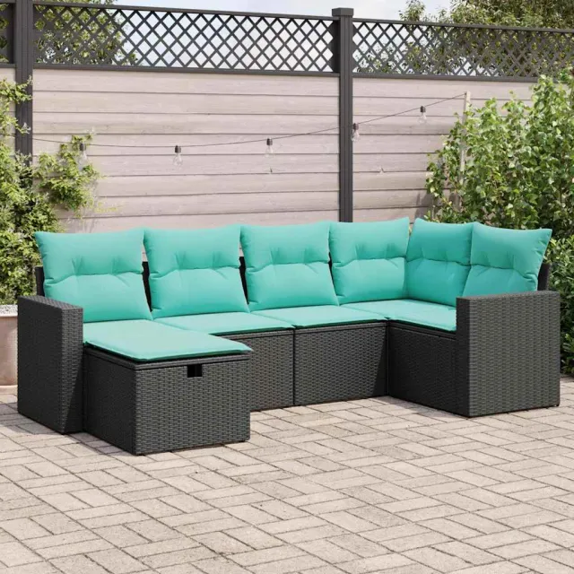 vidaXL 6-delige Loungeset met kussens poly rattan zwart, foto 2