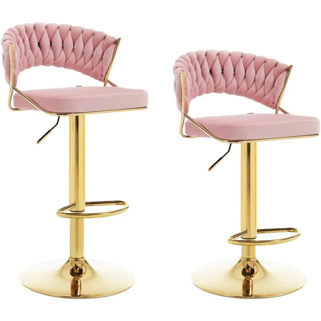 Klarven Barkrukken Set Van 2 Roze - Barkrukken Met Rugleuning - Barkrukken Draaibaar - Bar Stool - Velours - Draaibaar 360°, Hoogteverstelbaar, Belastbaar Tot 150 Kg - B48xd46,5xh98cm