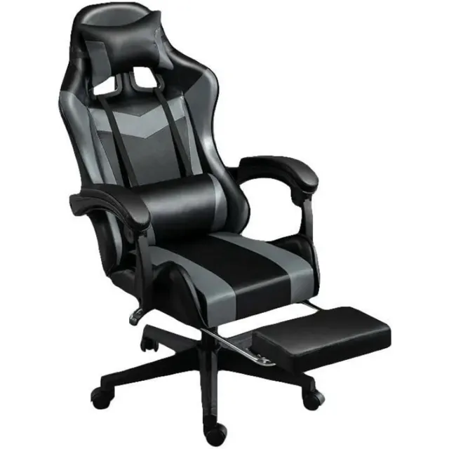 Thuys Gaming Stoel – Bureaustoel Met Kantelbare Rugleuning – Verstelbare Voetsteun En Kussen – Grijs Zwart