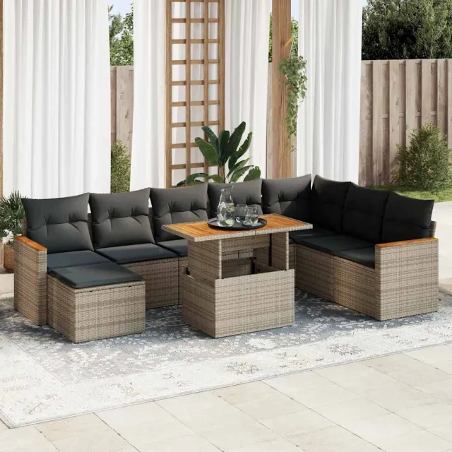 vidaXL 9-delige Loungeset met kussens poly rattan acacia grijs, foto 2