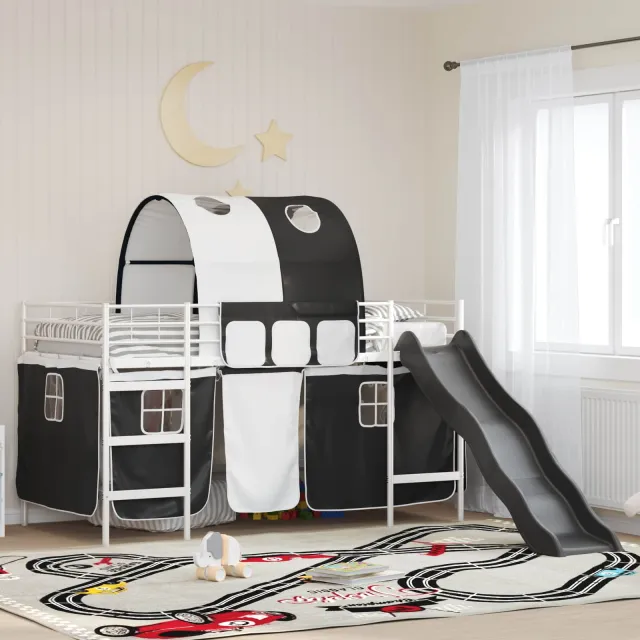 vidaXL Bunkbed voor kinderen met gordijnen Wit en zwart 90 x 200 cm