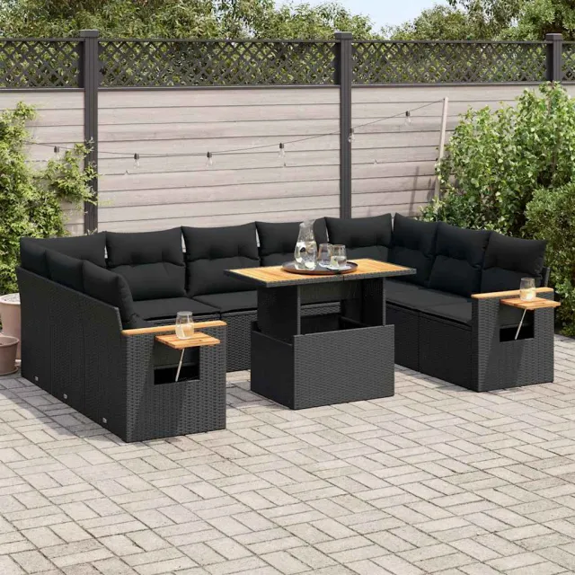 vidaXL 10-delige Loungeset met kussens poly rattan acacia zwart, foto 2