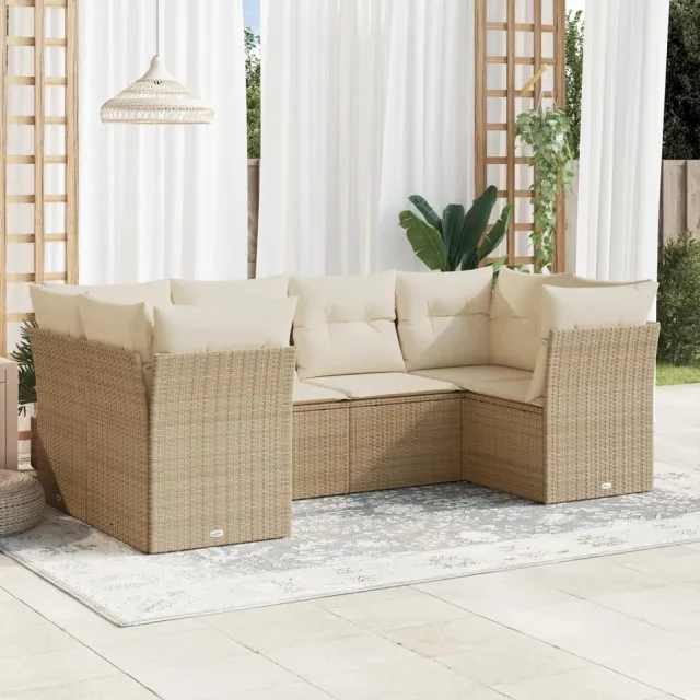 vidaXL 6-delige Loungeset met kussens poly rattan beige, foto 2