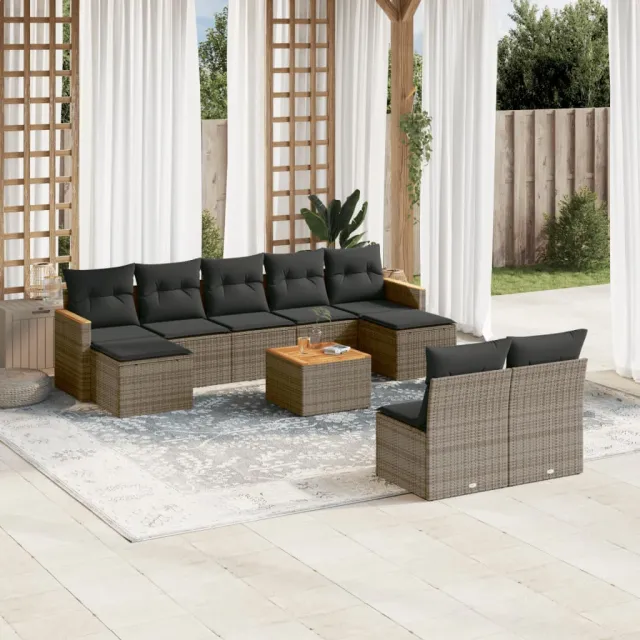 vidaXL 10-delige Loungeset met kussens poly rattan grijs, foto 2