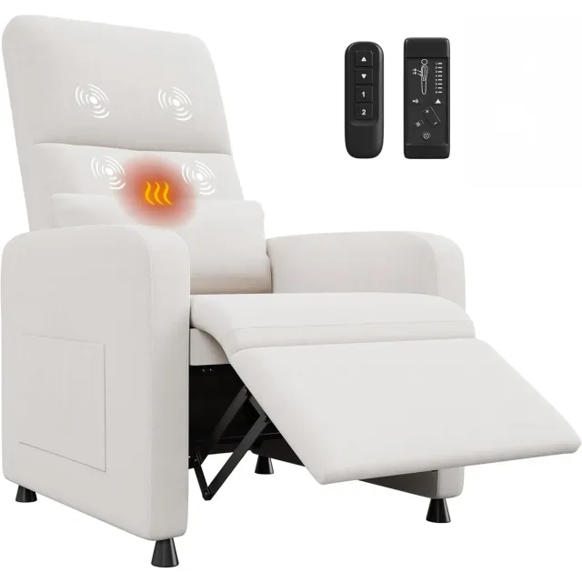 Danky Elektrische Relaxstoel met Massage en Verwarming - Verstelbare TV-stoel (105-165°) - Linnen Look - Max. 180 kg - Inclusief Afstandsbediening & Geheugenfunctie - wit