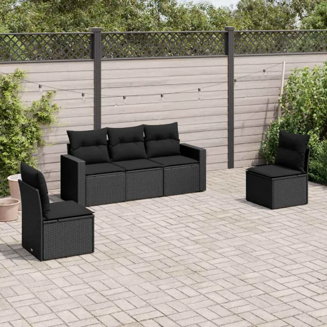 vidaXL 5-delige Loungeset met kussens poly rattan zwart, foto 2