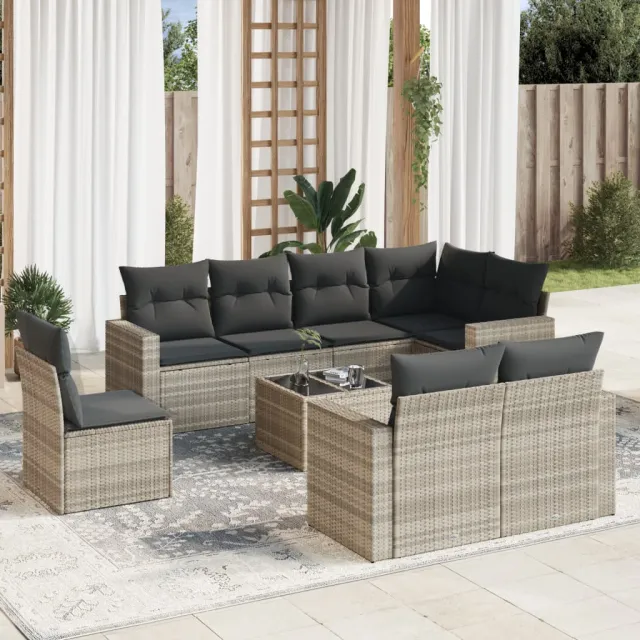vidaXL 9-delige Loungeset met kussens poly rattan lichtgrijs grijs, foto 2