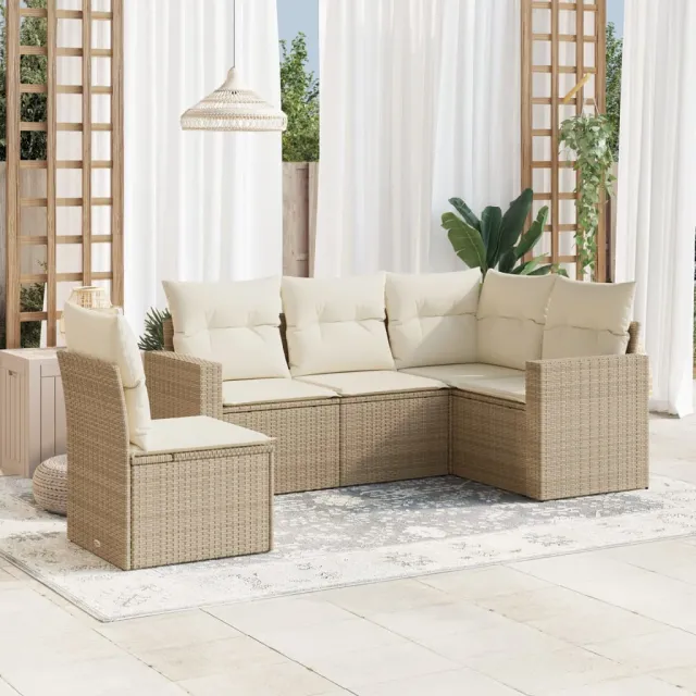 vidaXL 5-delige Loungeset met kussens poly rattan beige, foto 2