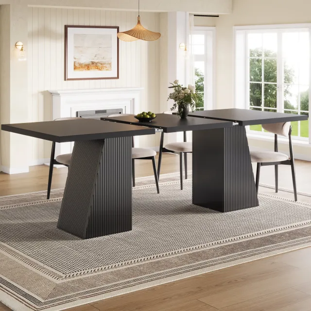 OKWISH Eettafel - Uitschuifbaar voor 4 tot 6 Personen - Trapeziumpoten met Groeven - Eetkamer - MDF en Metaal Zwart - 120 of 160 x 80 x 76 cm