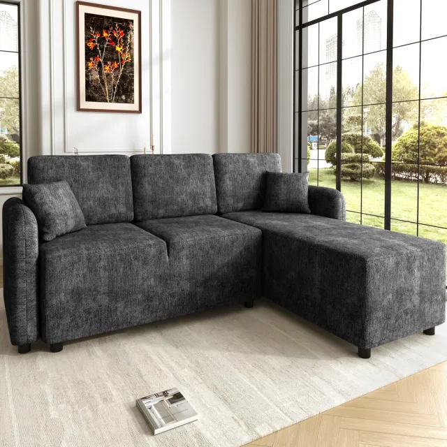 COVREO Hoekbank 187,5x144x85,5 cm zwart, chenille met 2 kussens