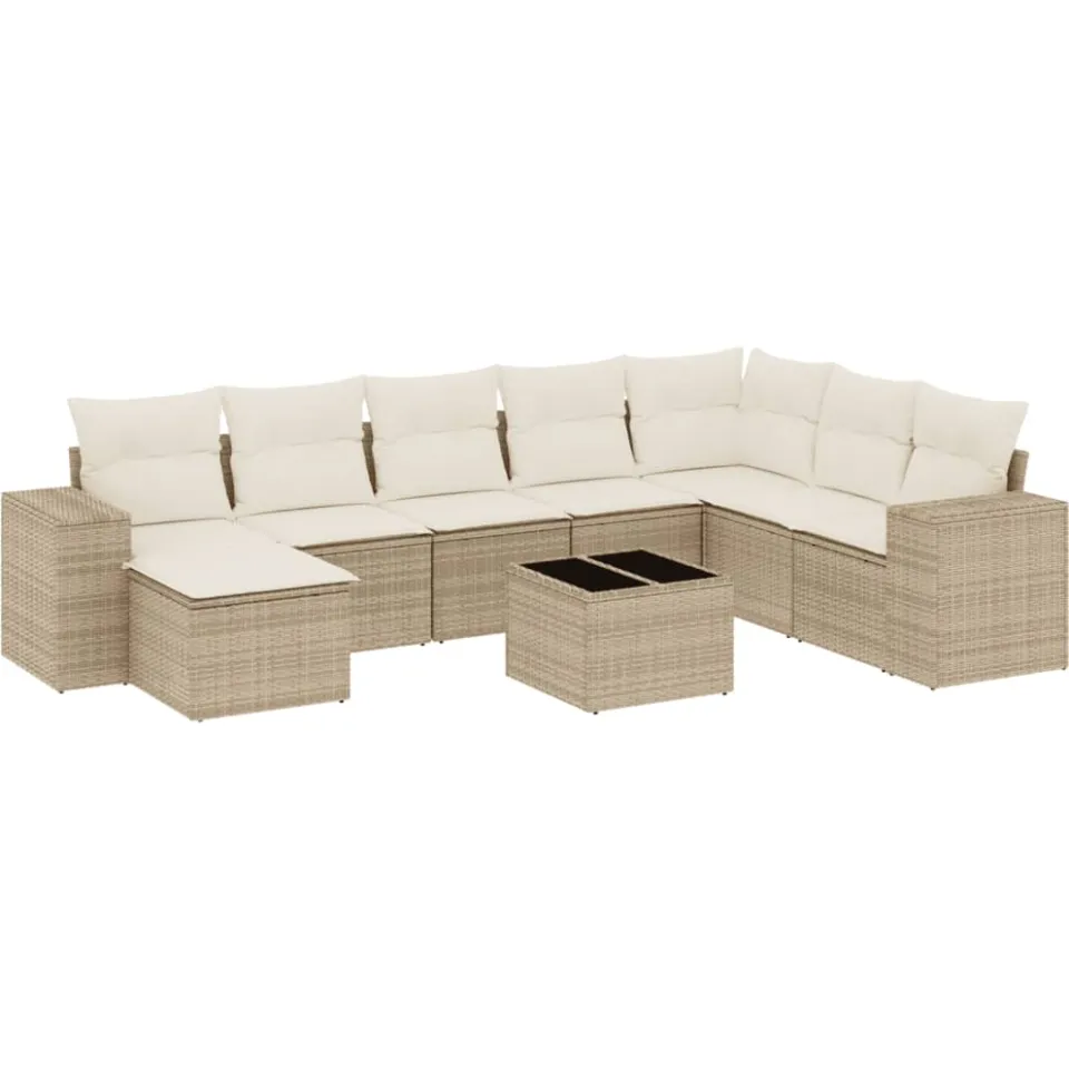 vidaXL 9-delige Loungeset met kussens poly rattan beige