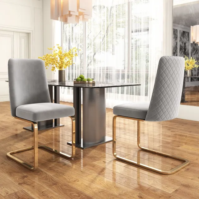 Welltin Set van 2 Eetkamerstoelen - Velvet - Eetkamerstoel - Metalen Poten - Golvende textuur op de achterkant - Modern Design - Geschikt voor woonkamer en slaapkamer - Grijs