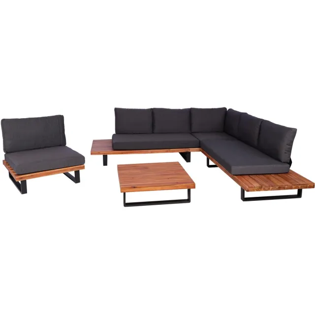 MCW Tuinset met fauteuil MCW-H54, loungeset met bank, gesponnen polyacaciahout, MVG-aluminium ~ bruin, bekleding donkergrijs