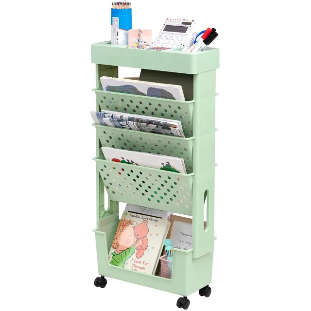 Famanu Mobiele boekenplank met wielen, 5-laags slanke boekenkast opbergtrolley voor woonkamer, slaapkamer en kantoor, groen