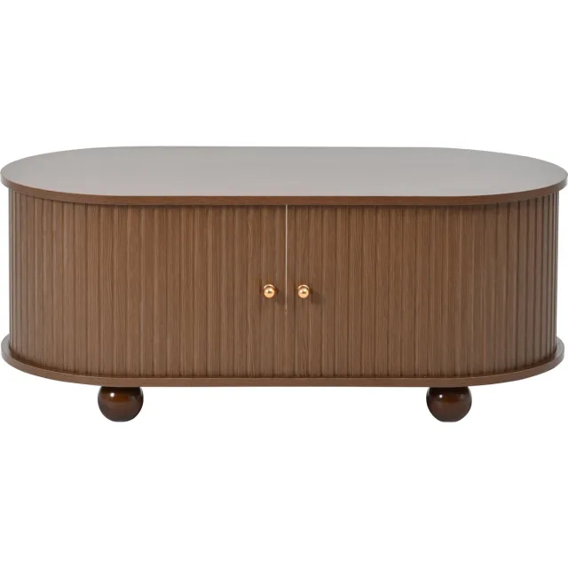 Ropilly Ovale Salontafel Walnoot - Met Opbergruimte en Schuifdeuren - MDF Hout - Woonkamer - 100x50x40 cm